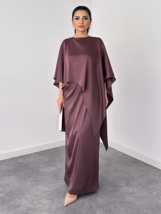 Elegant Satin Cape Sleeve Top & Maxi Skirt Two-Piece Set