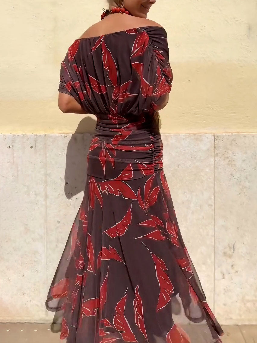Elegant Off-Shoulder Ruched Leaf Print Maxi Dress