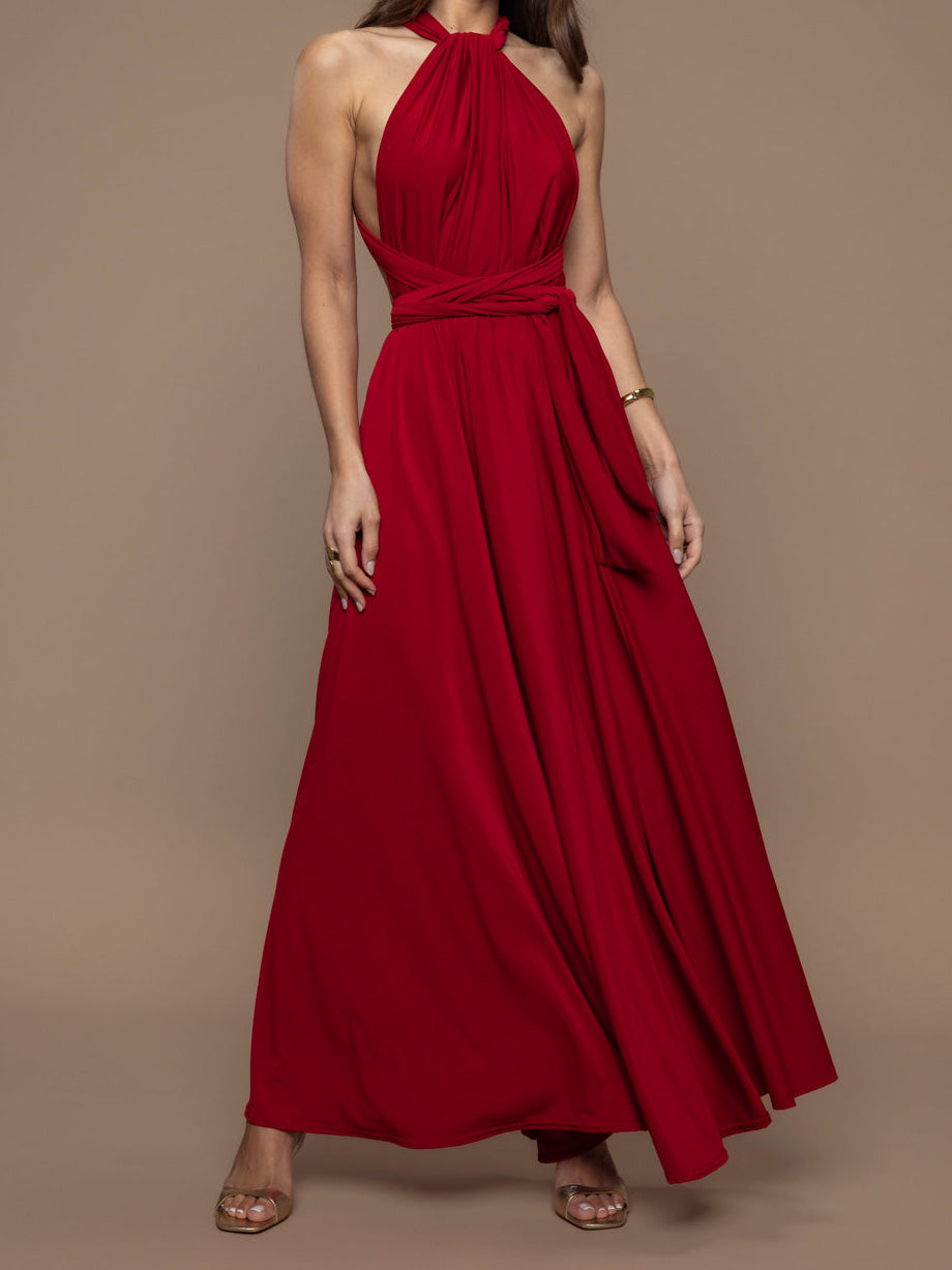 Elegant Multi-Way Neck Draped Tie-Waist Maxi Dress