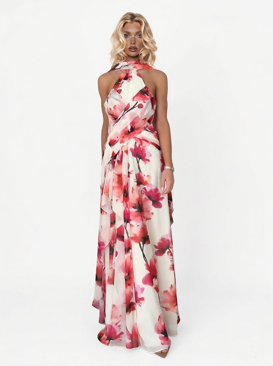 Elegante abito lungo in chiffon con stampa floreale ad acquerello e schiena scoperta
