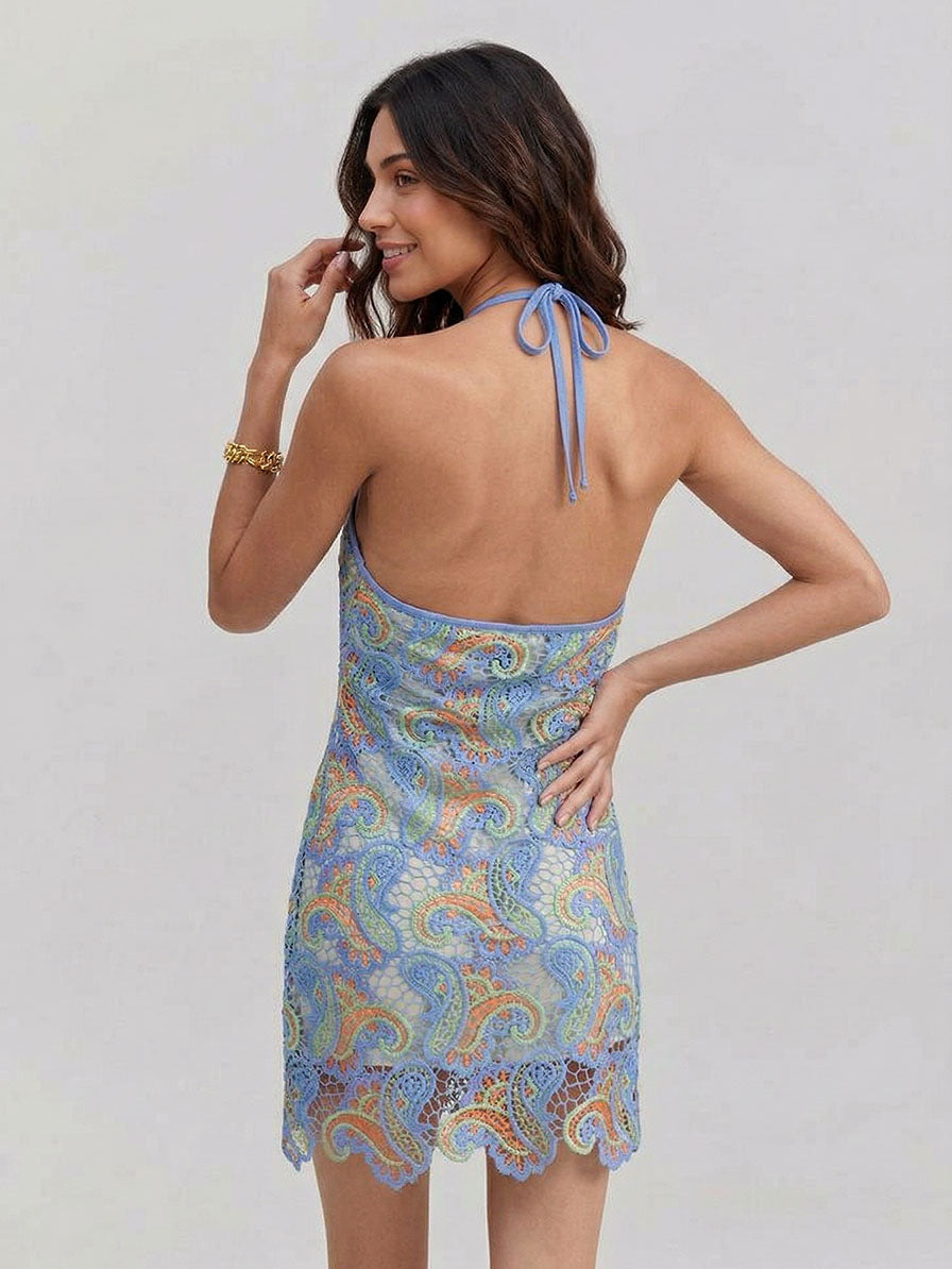 Exquisites gehäkeltes Minikleid mit Paisleymuster und Neckholder