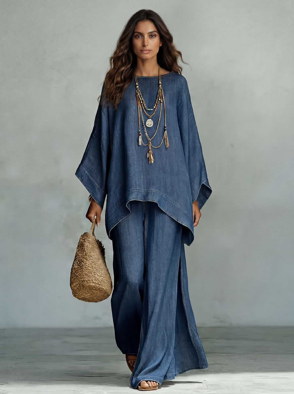 Completo casual in denim con top asimmetrico a maniche a pipistrello e pantaloni a gamba larga