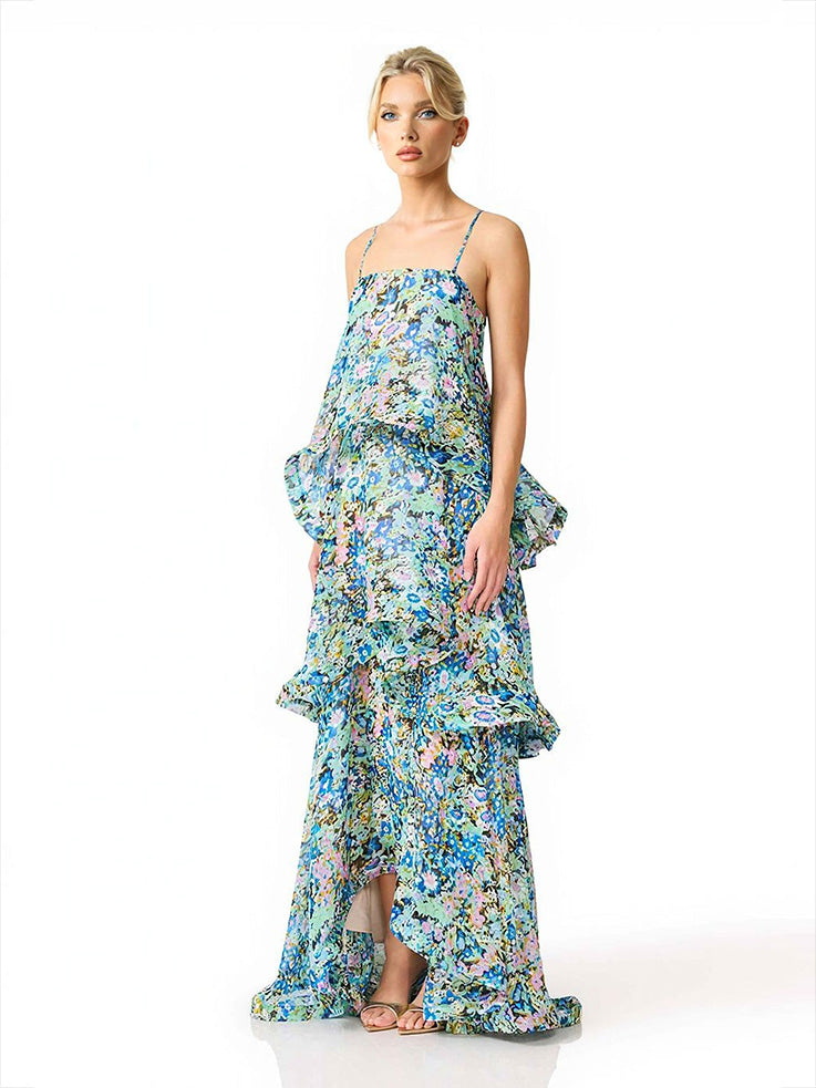 Robe longue élégante à imprimé floral éclatant et volants étagés