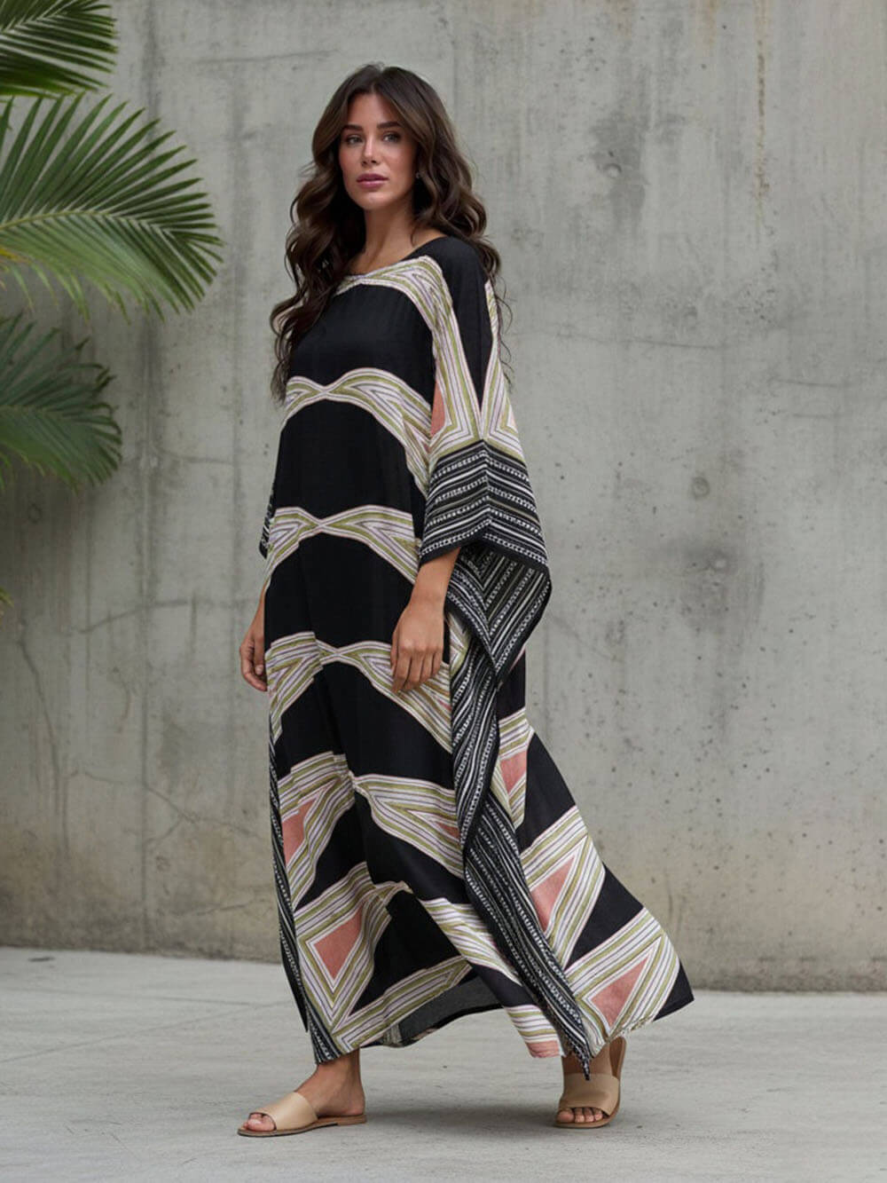 Retro Puzzle Print Kimono Beach Maxi Dress
