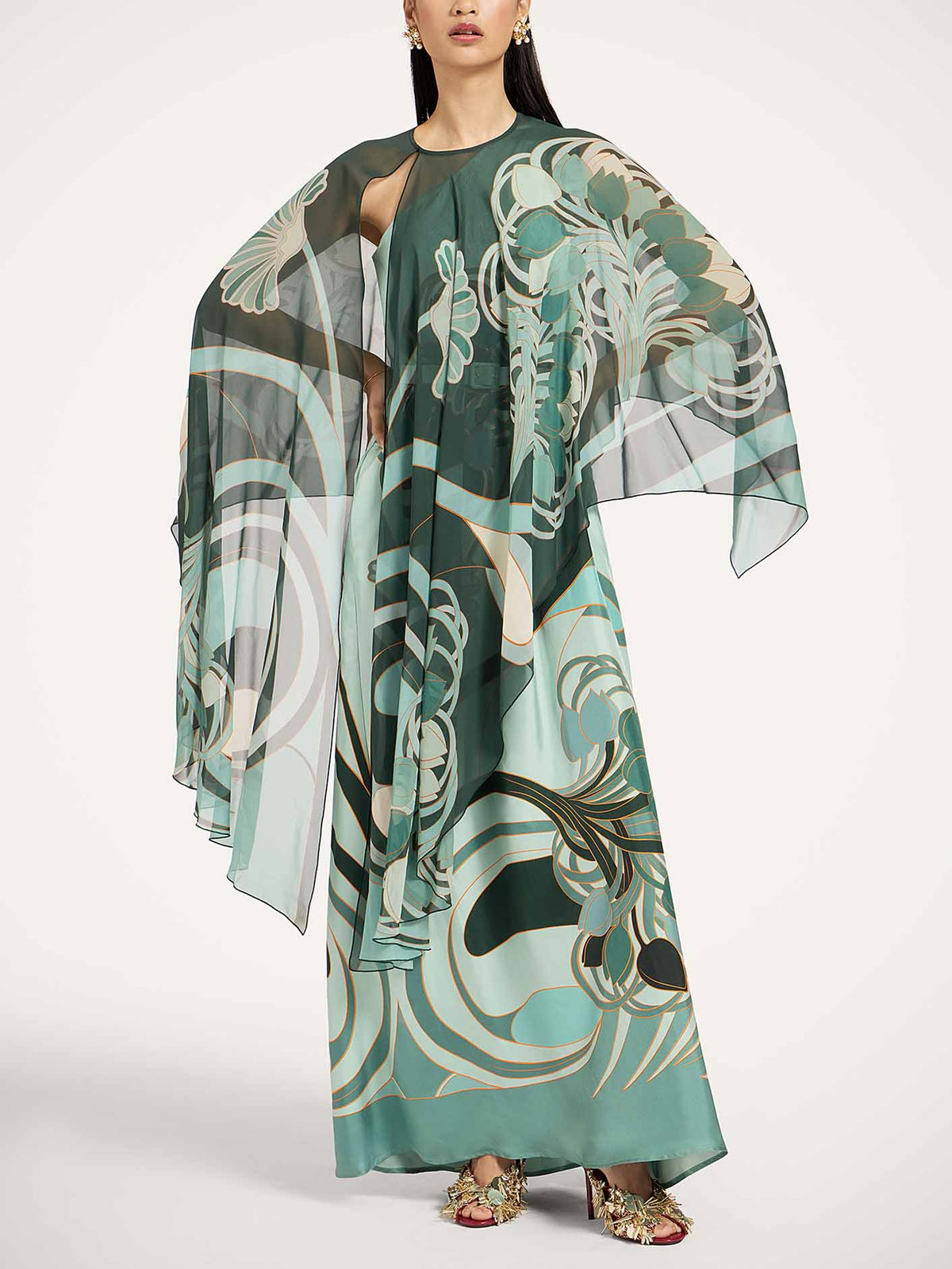 Unique Art Nouveau Printed Tulle Shawl Dress Set