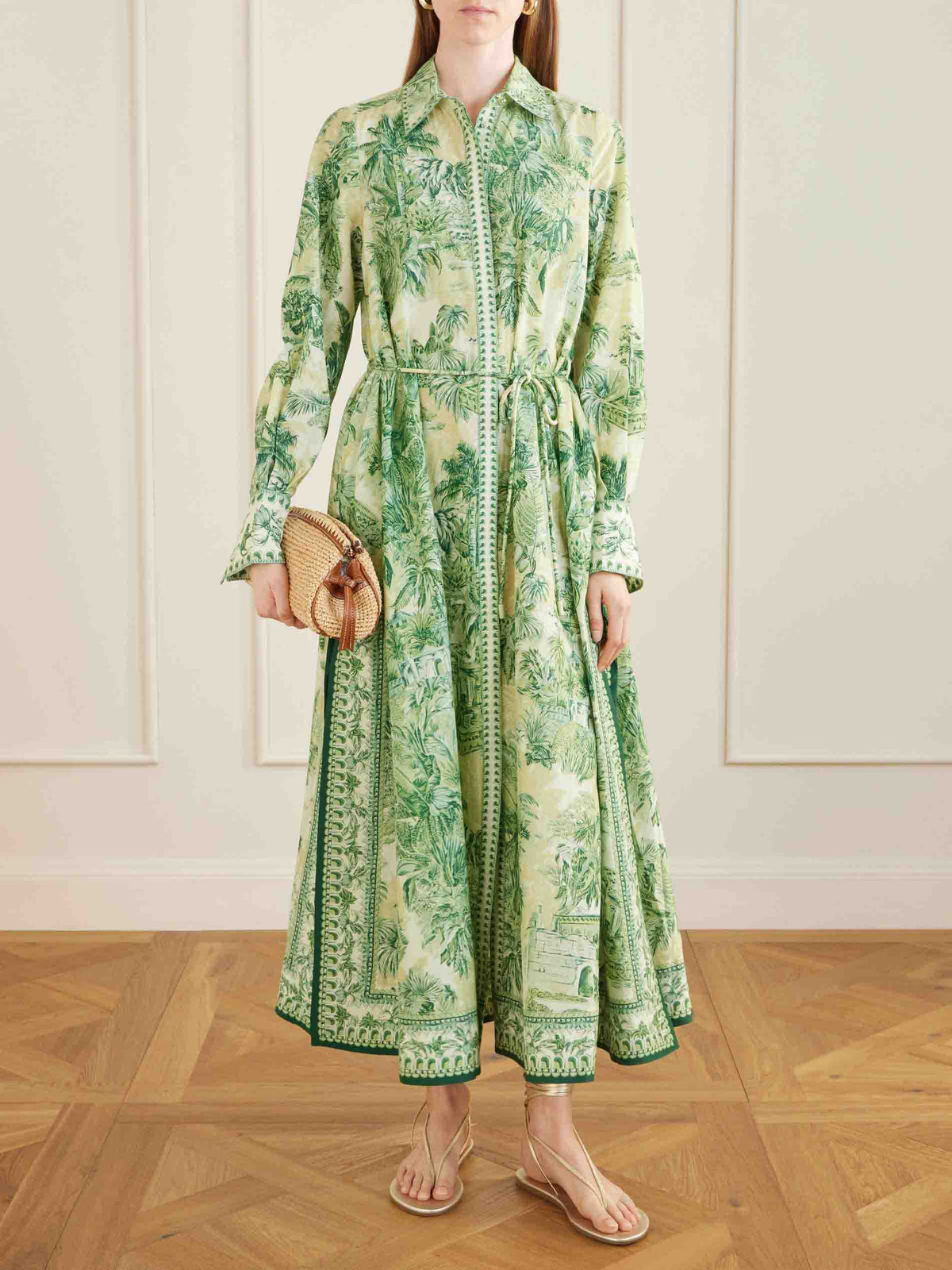Bohemian Palm Print Long Sleeve Tiered Maxi Dress
