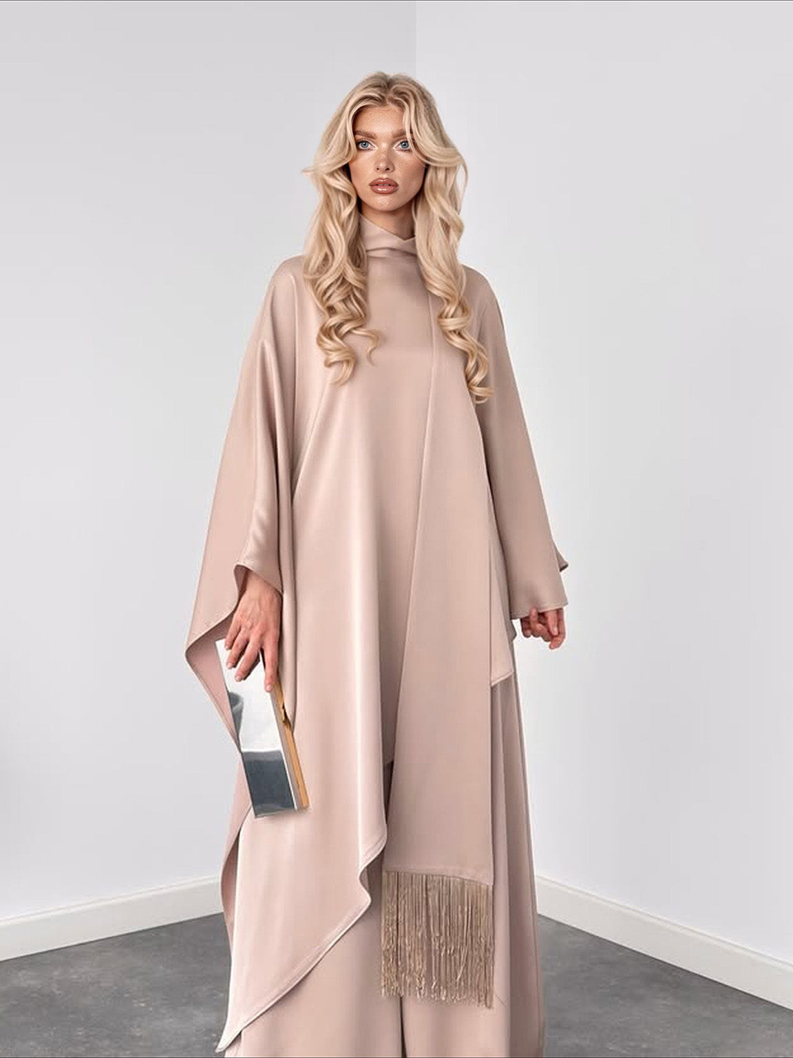 Elegant High-Neck Draped Top And Wide-Leg Pants Set