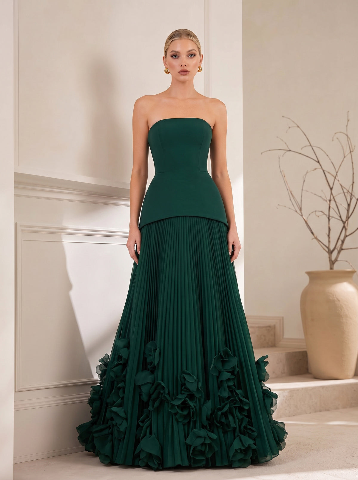 Strapless Fitted Bodice Pleated Maxi Gown With 3D Floral Hem