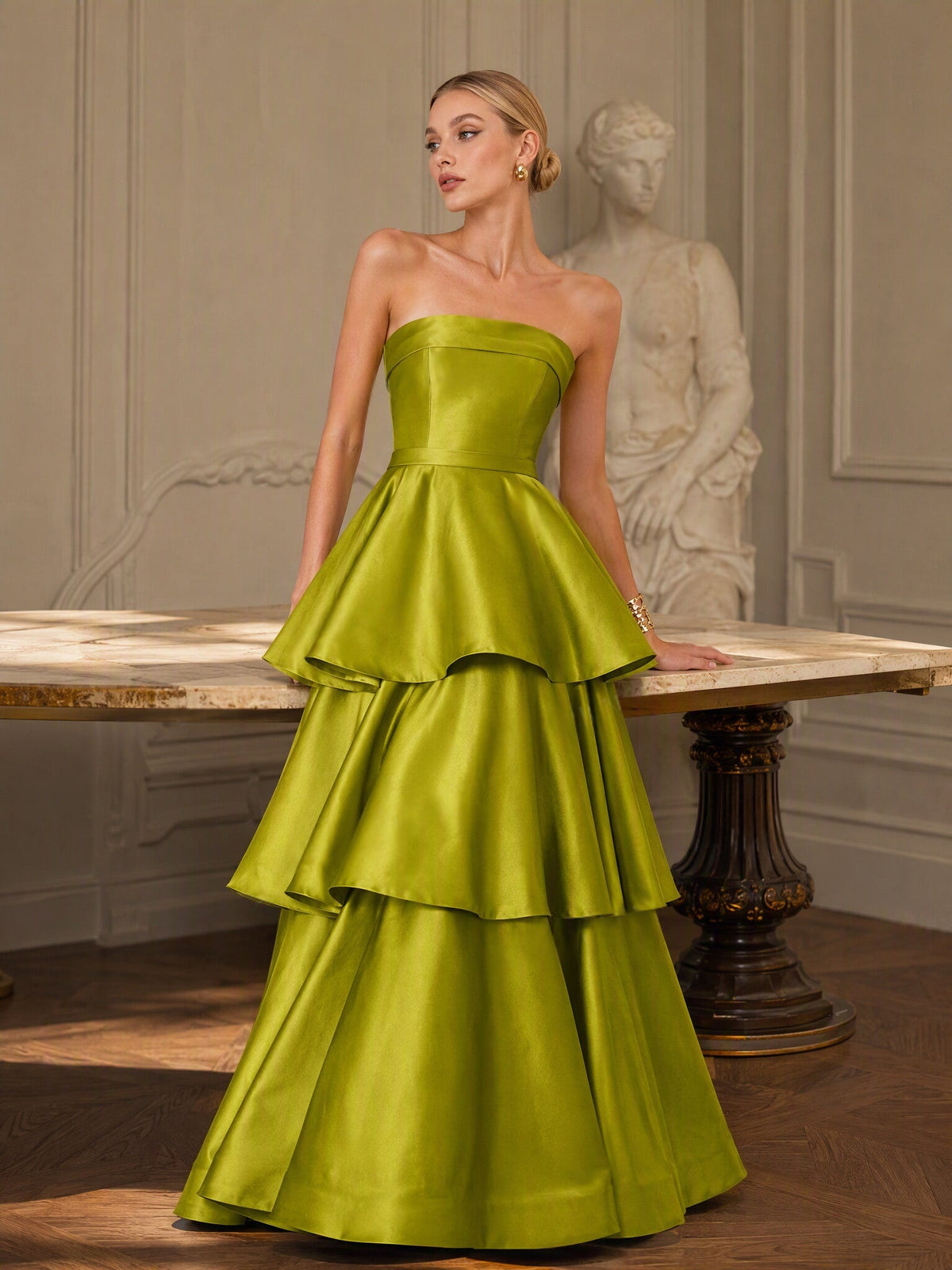 Strapless Tiered Satin Maxi Evening Gown