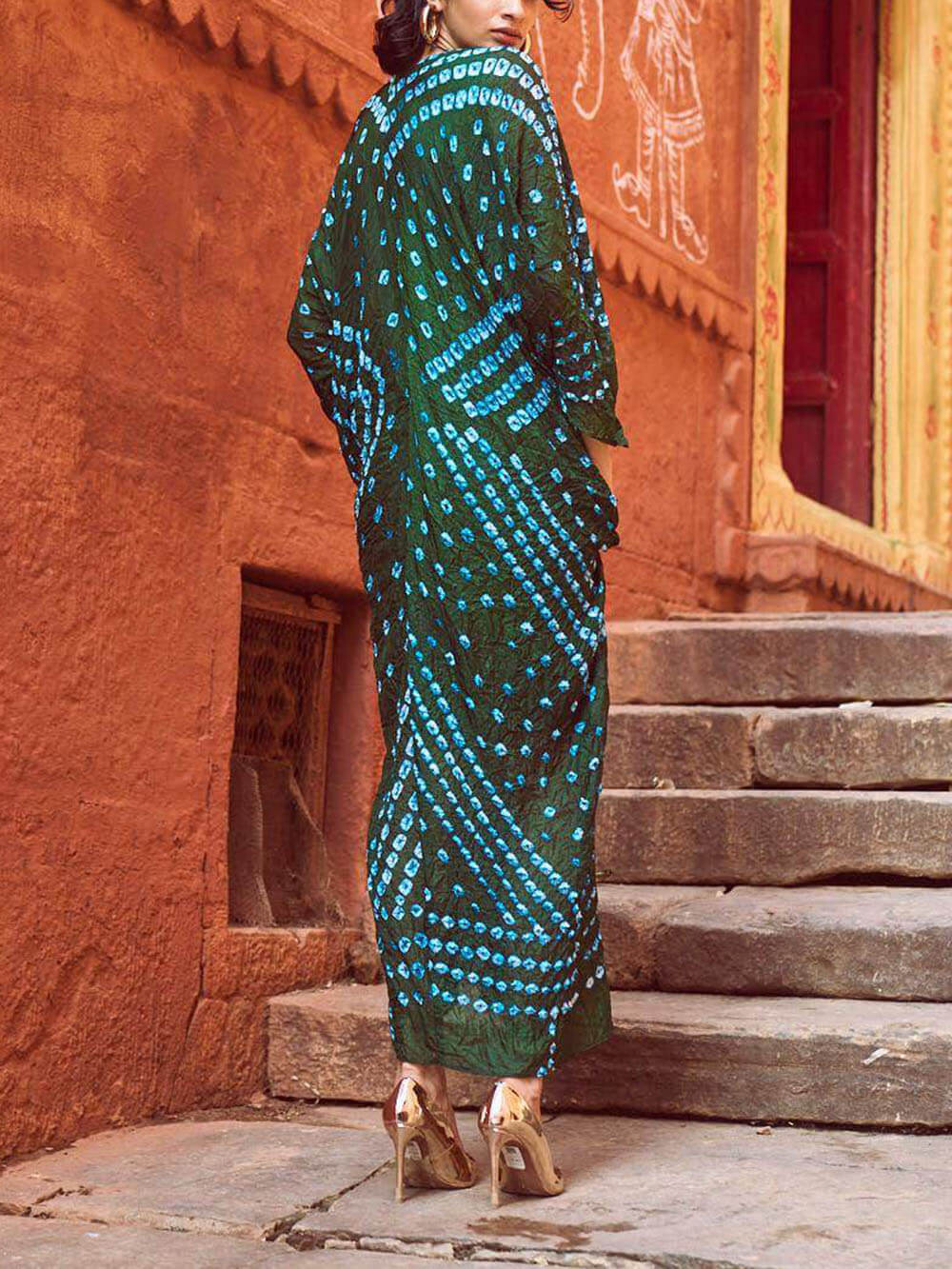 Kimono Tie-Dye Print V-Neck Pleated Robe Maxi Dress