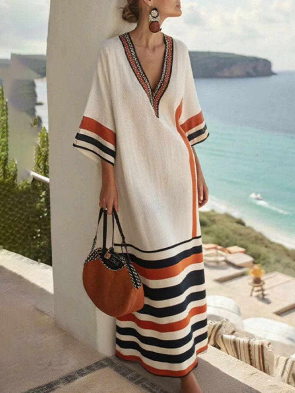Boho-Kimono-Maxikleid mit Streifenprint, Patchwork und schulterfreiem Schnitt