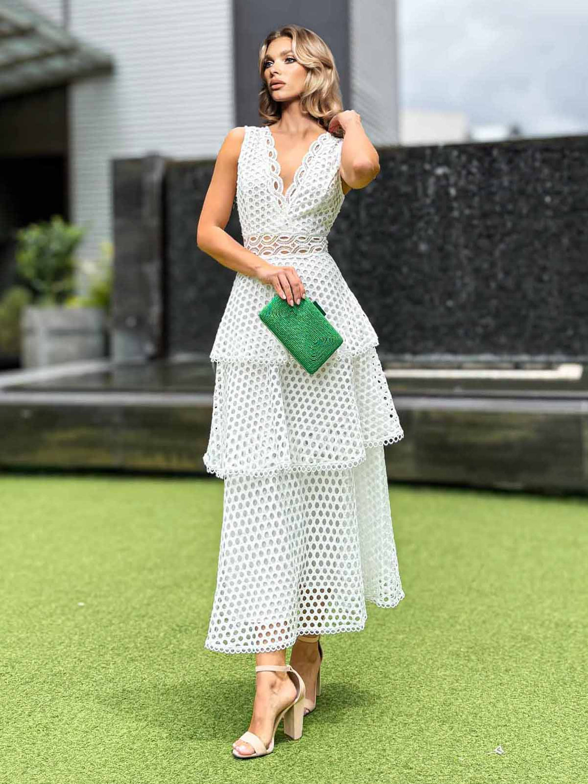 Elegant Crocheted Lace Layered Ruffle Maxi Dress