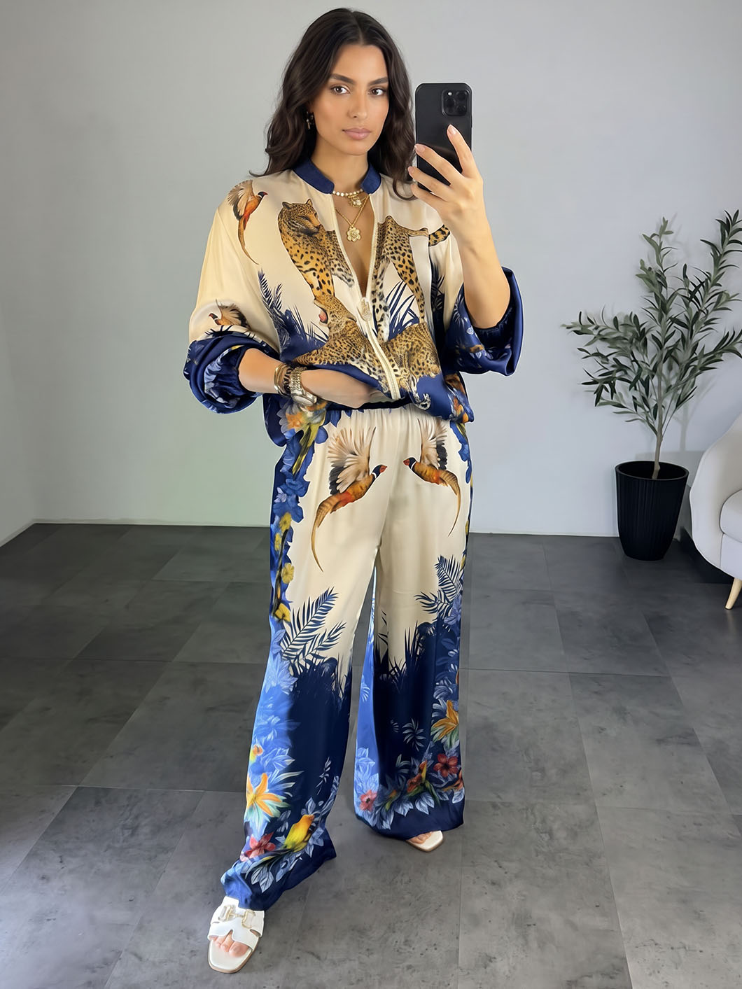 Exotic Jungle Print Wide Leg Pants