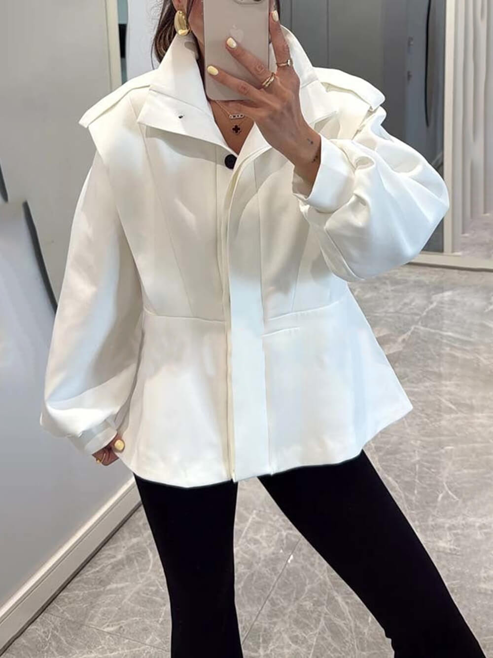 Modern Bold Stand Collar Button-Up Lantern Sleeve Loose Jacket