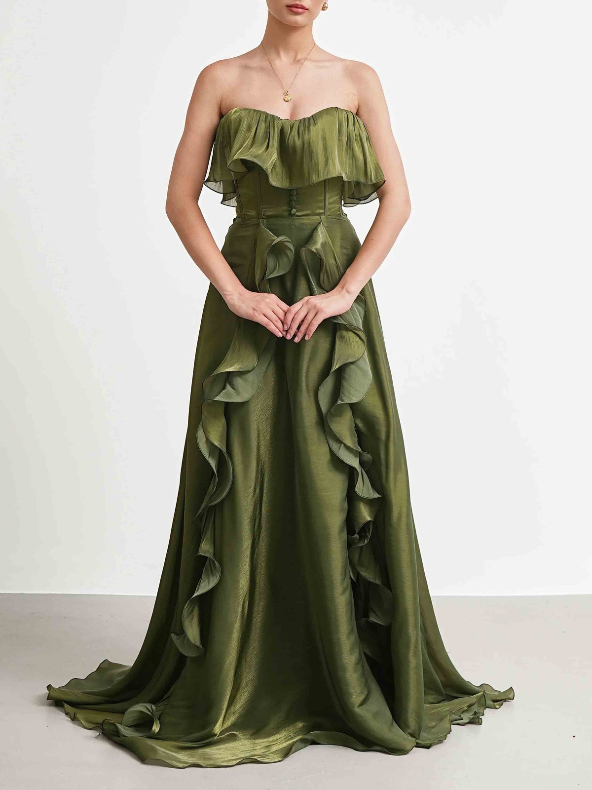 Elegantes trägerloses Korsett-Maxikleid mit Rüschen und hohem Schlitz