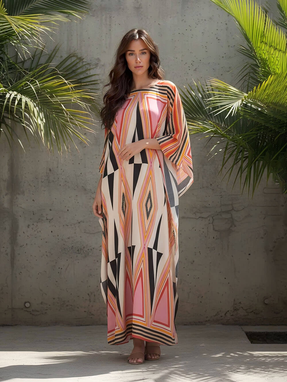 Semplice abito kimono lungo rétro con stampa triangolare e spacco