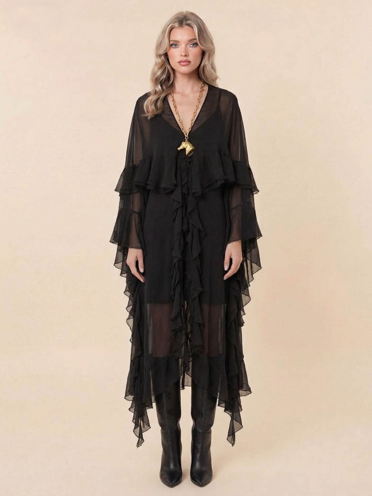 Elegant Tulle Ruffled Flowy Beach Maxi Dress