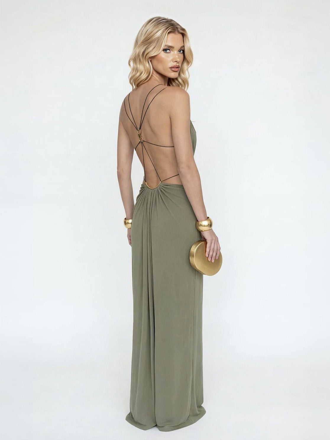 Robe longue sexy drapée en dentelle, à lacets, dos nu, avec chaîne métallique et découpes