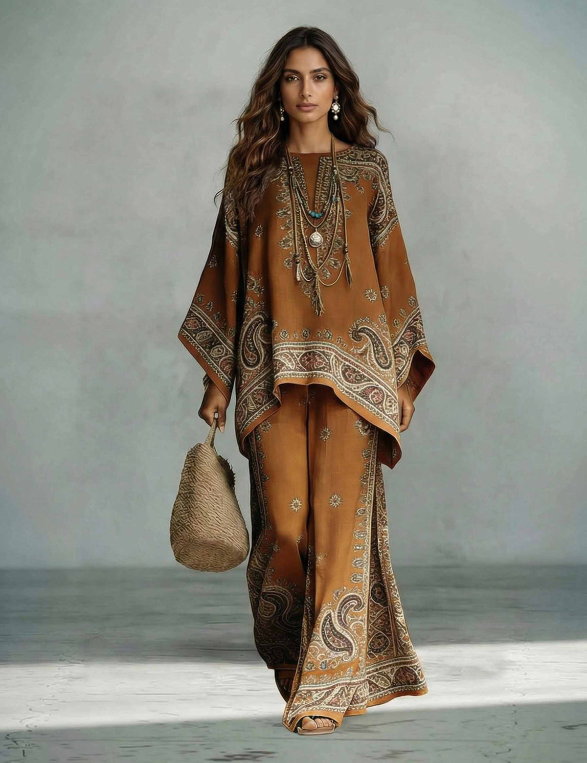Bohemian Paisley Print Batwing Sleeve Two-Piece Set