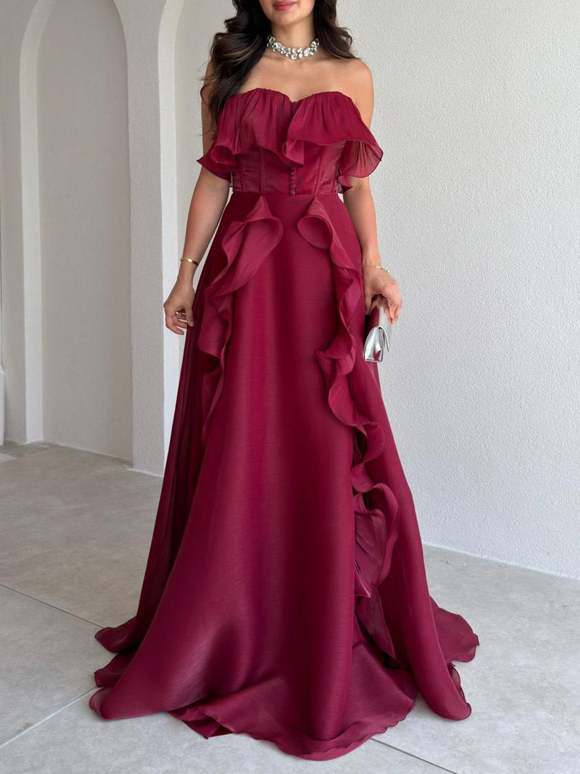 Elegantes trägerloses Korsett-Maxikleid mit Rüschen und hohem Schlitz