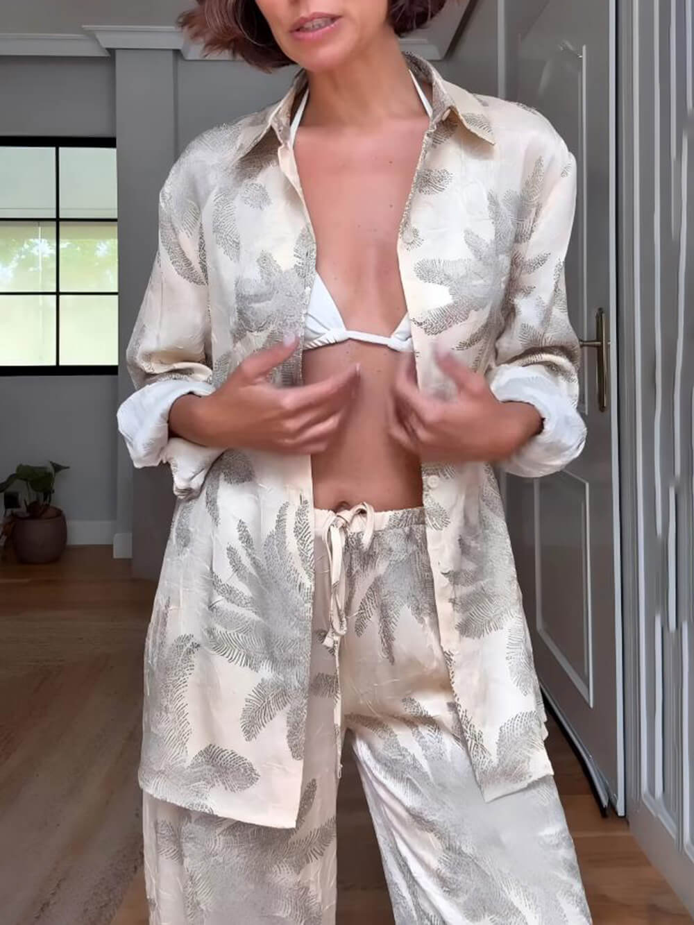 Summer Unique Palm Leaf Print Loose Button-Down Oversized Shirt
