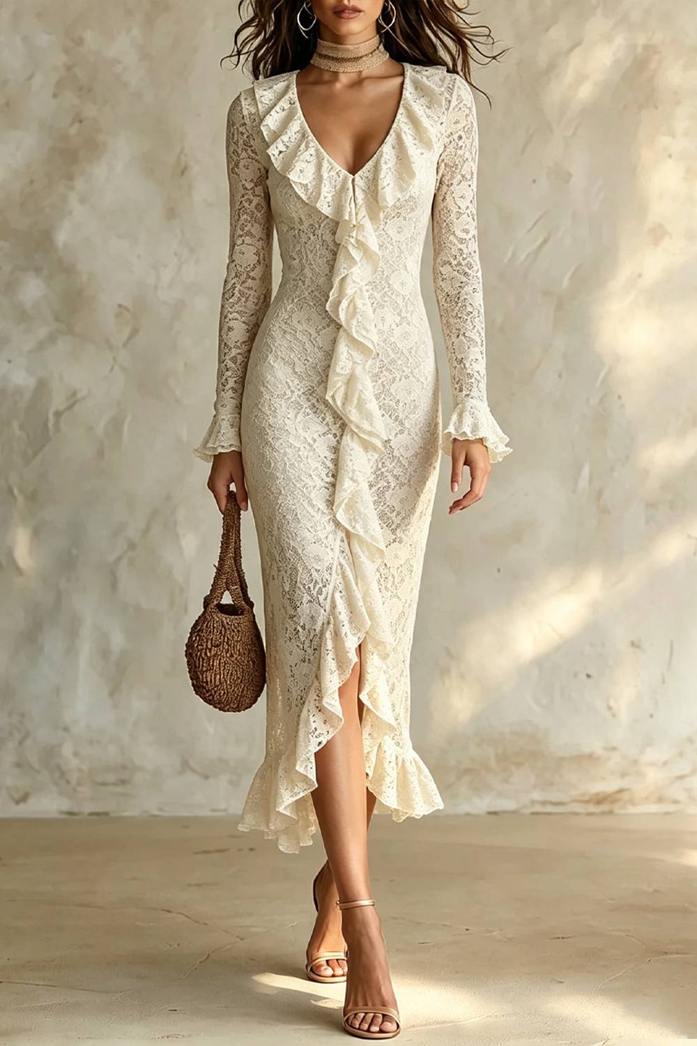 Vestido largo ajustado de encaje con escote en V, volantes y mangas largas