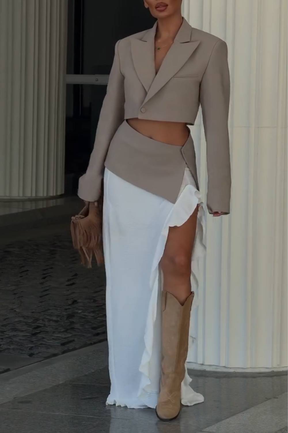 Cropped Blazer & Asymmetrical Ruffle Maxi Skirt Two Piece Set