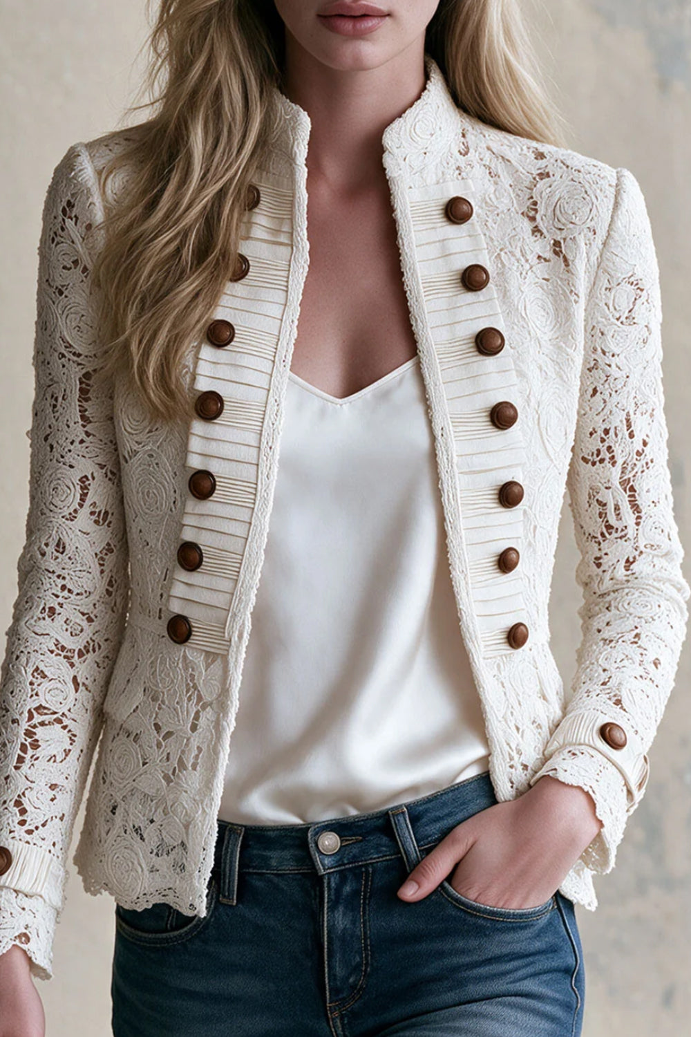 Women's Elegant Floral Lace Stand Collar Jacket