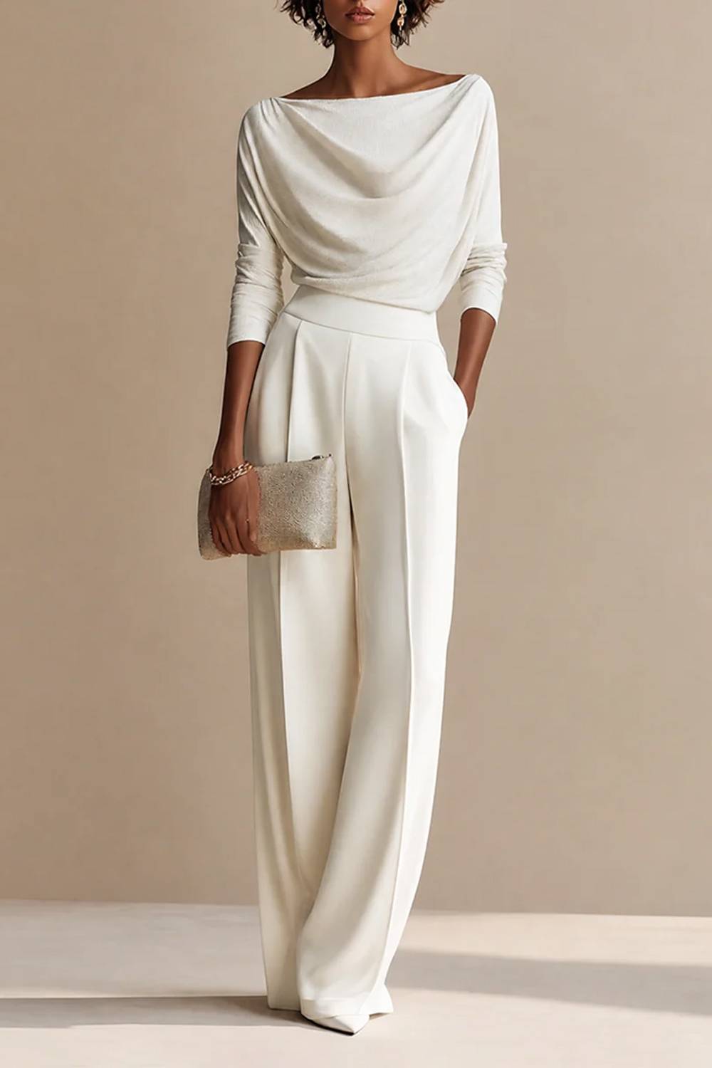 Draped Cowl Neck Long Sleeve Top & High Waist Pleated Wide Leg Pants Two‑Piece Set