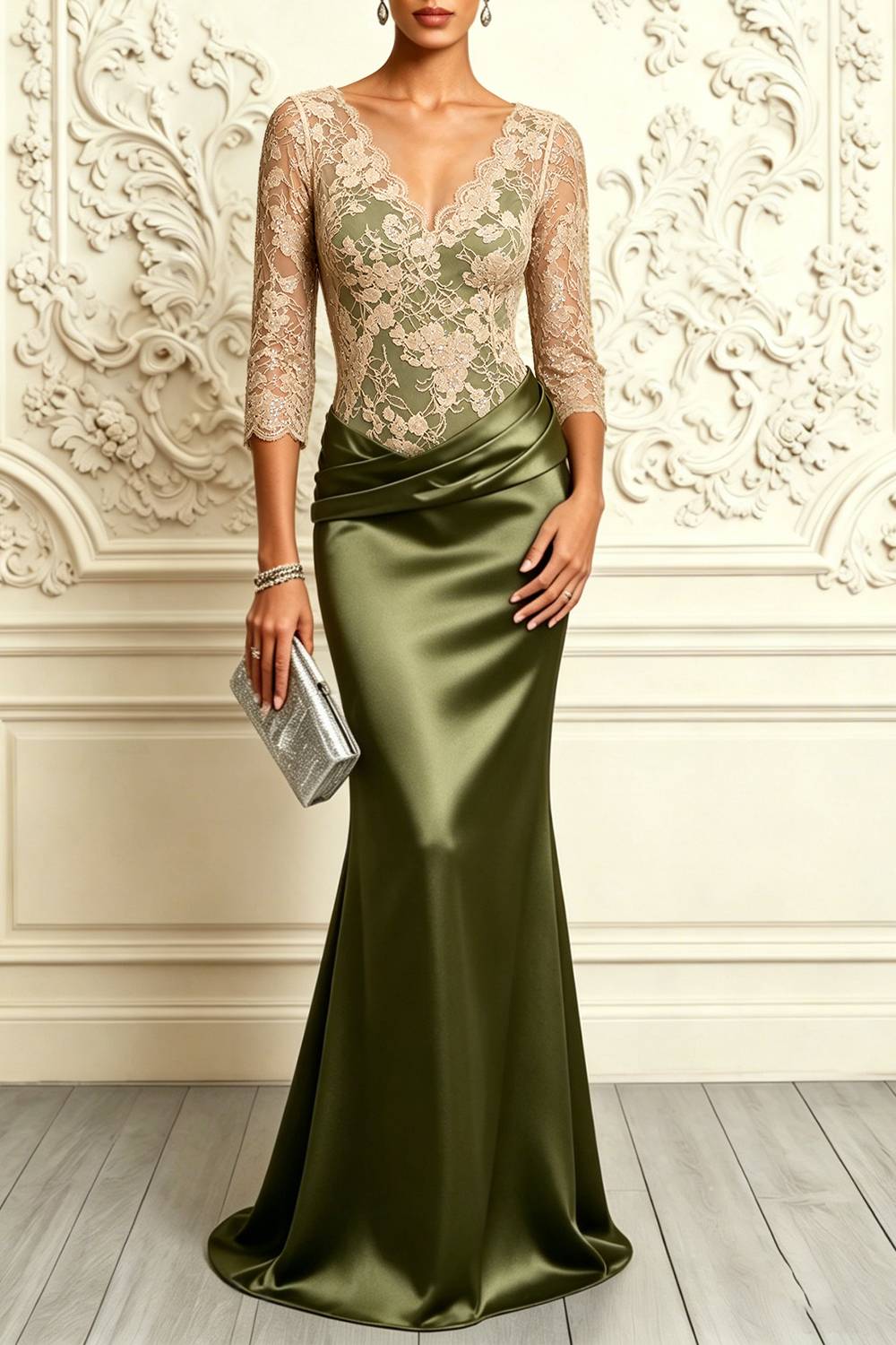 Women V Neck 3/4 Sleeve Lace Satin Mermaid Evening Gown