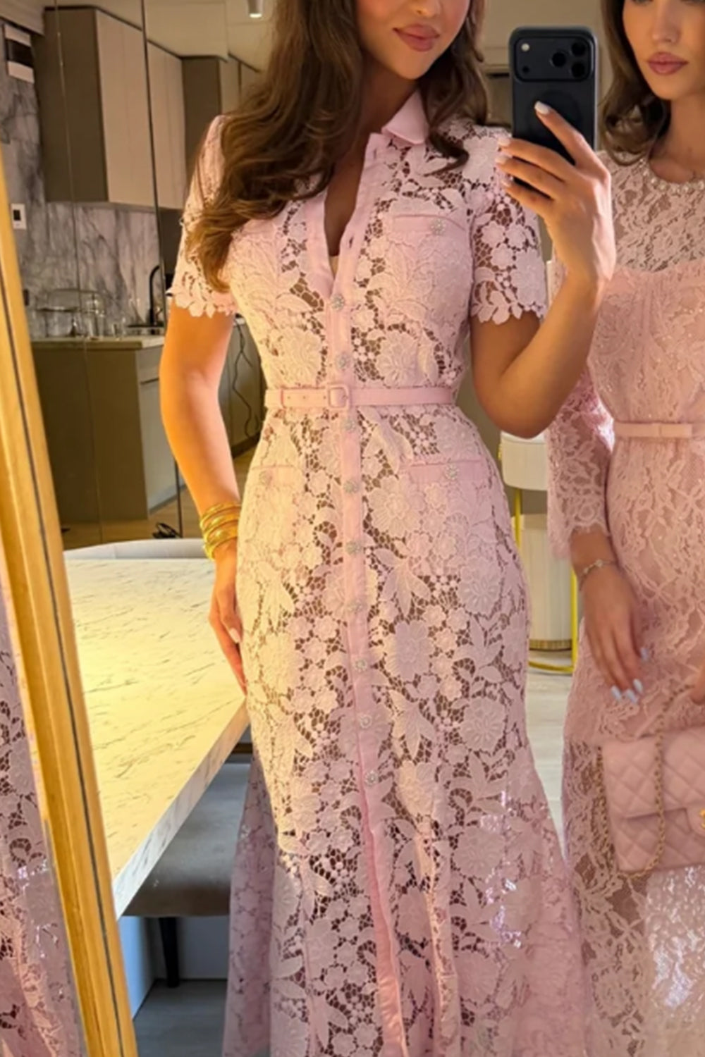 loral Lace Belted Midi Shirt Dress