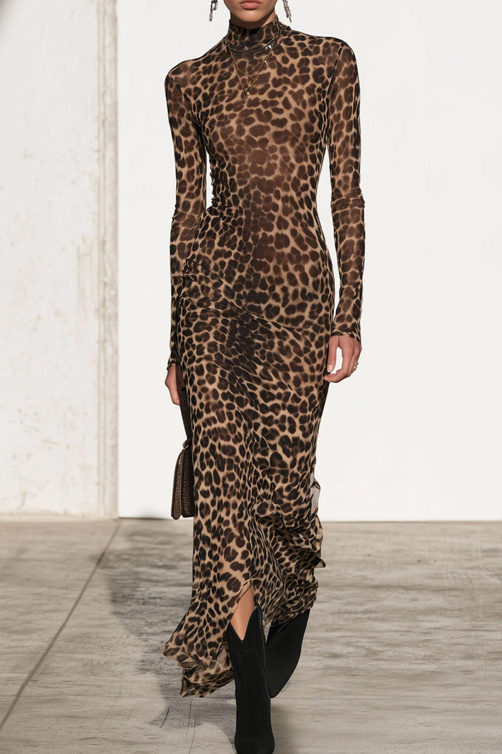 Fashionable Retro Split Hem Stretch Mesh Leopard Print Slim Fit Long Sleeved Maxi Dress