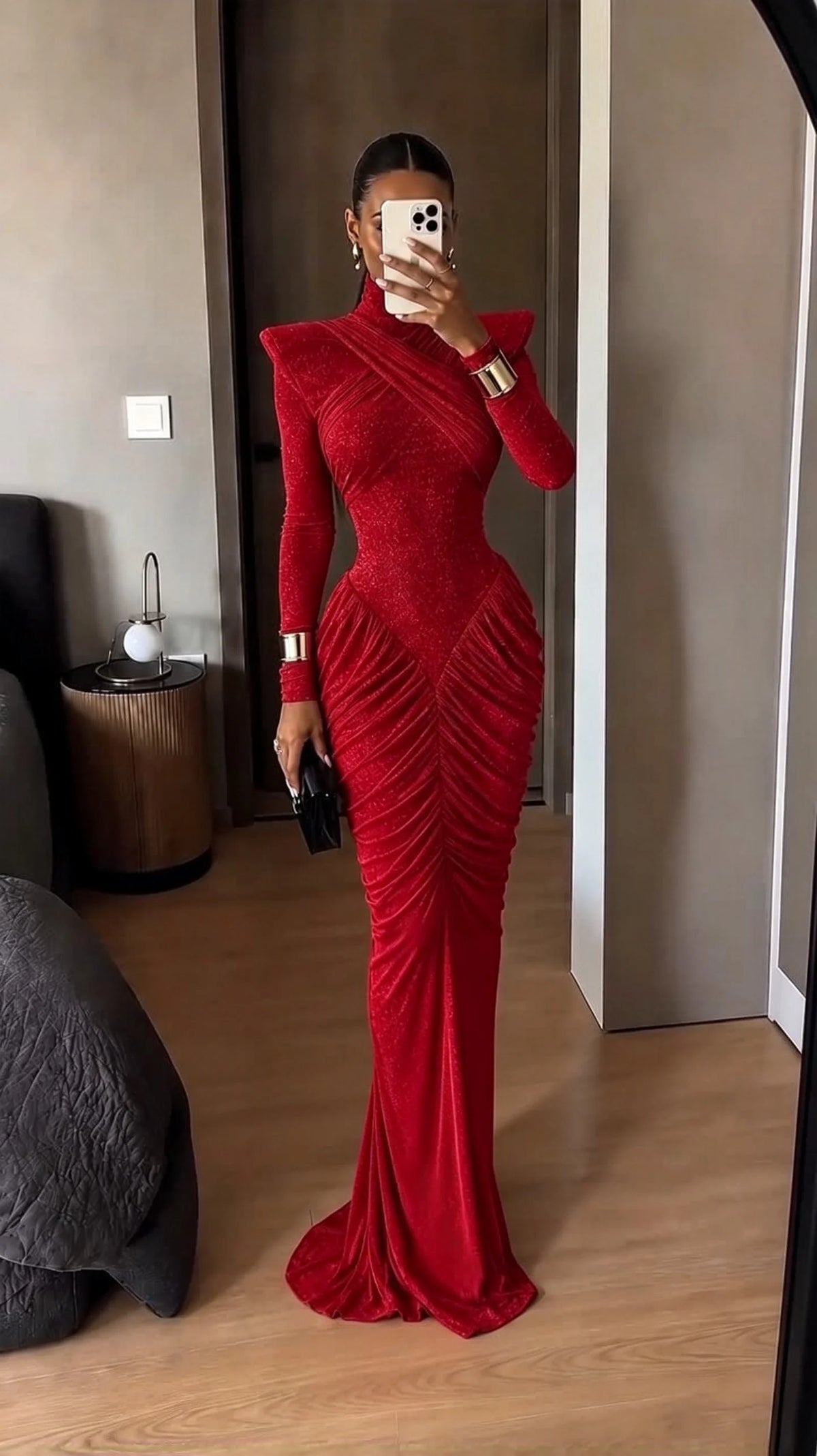 Red Glitter High Neck Ruched Long Sleeve Maxi Evening Dress with Shoulder Pads
