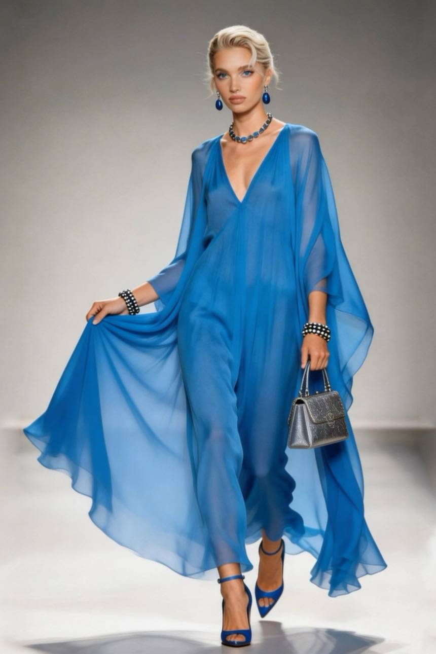 Abito lungo in chiffon con scollo a V