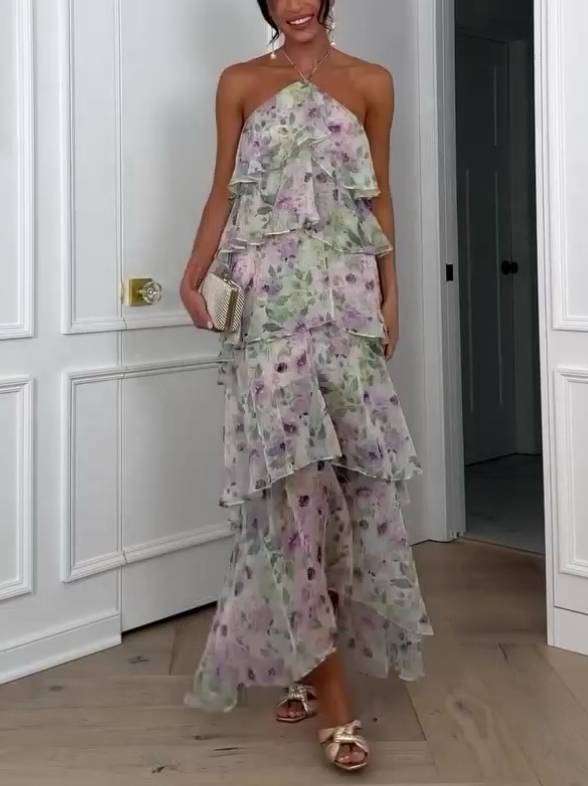 Kleid mit Neckholder, mehrlagigen Rüschen und Blumenprint