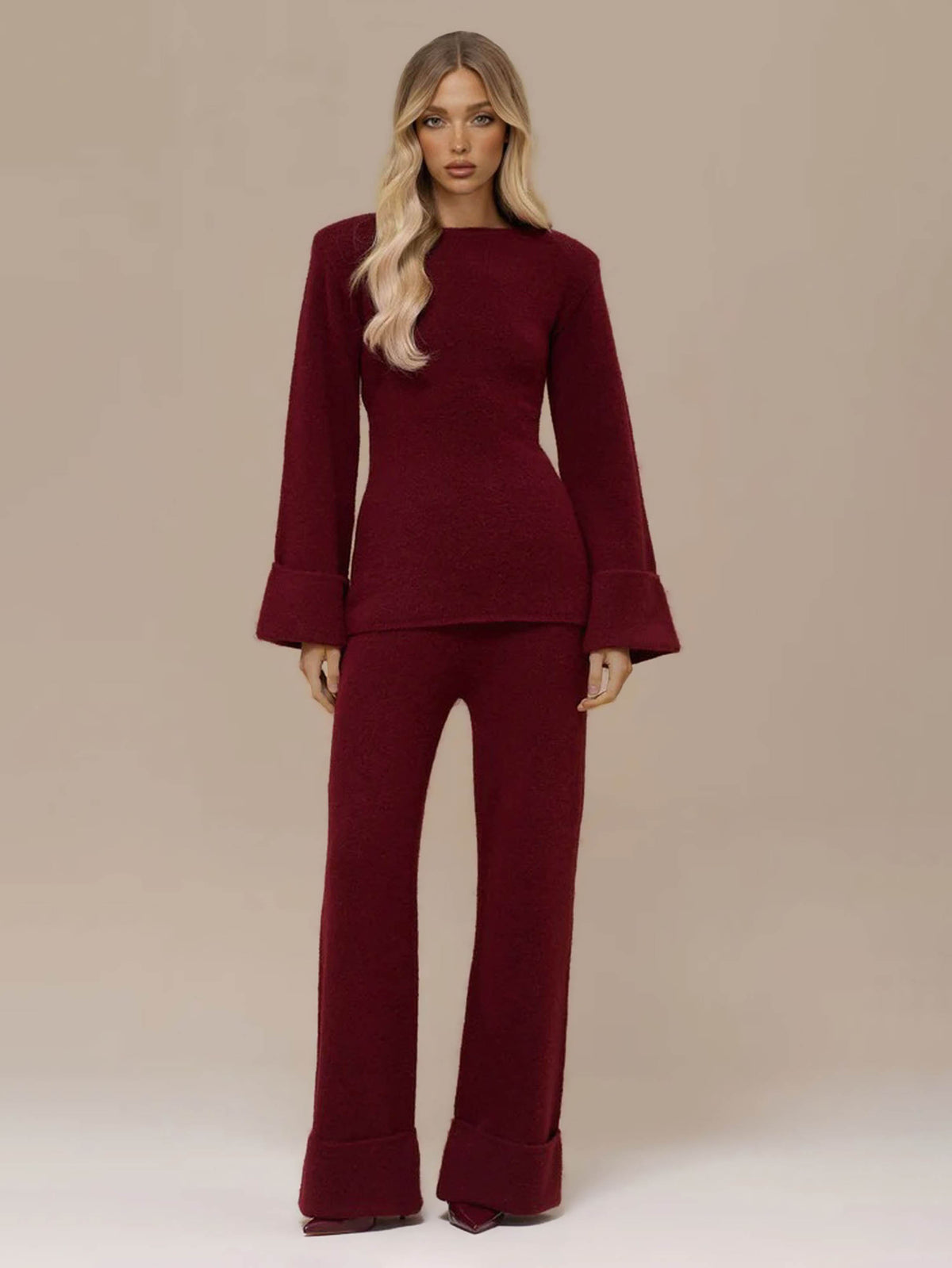 Elegant Flared Sleeve Knit Top And Pants Two-piece Set