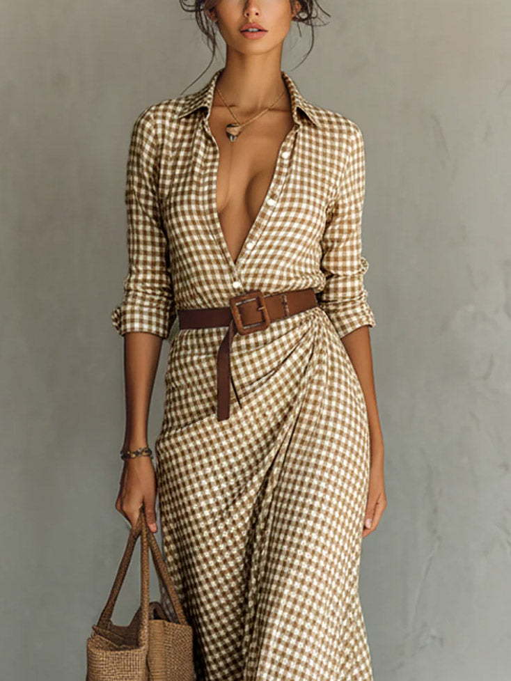 Abito maxi classico scozzese con colletto a camicia