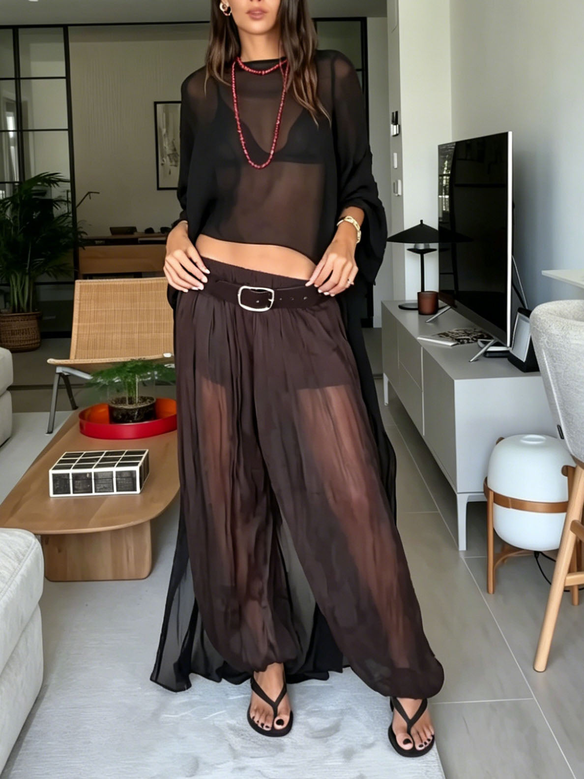 Sexy Sheer Mesh Long Sleeve Top & Harem Pants Two-Piece Set