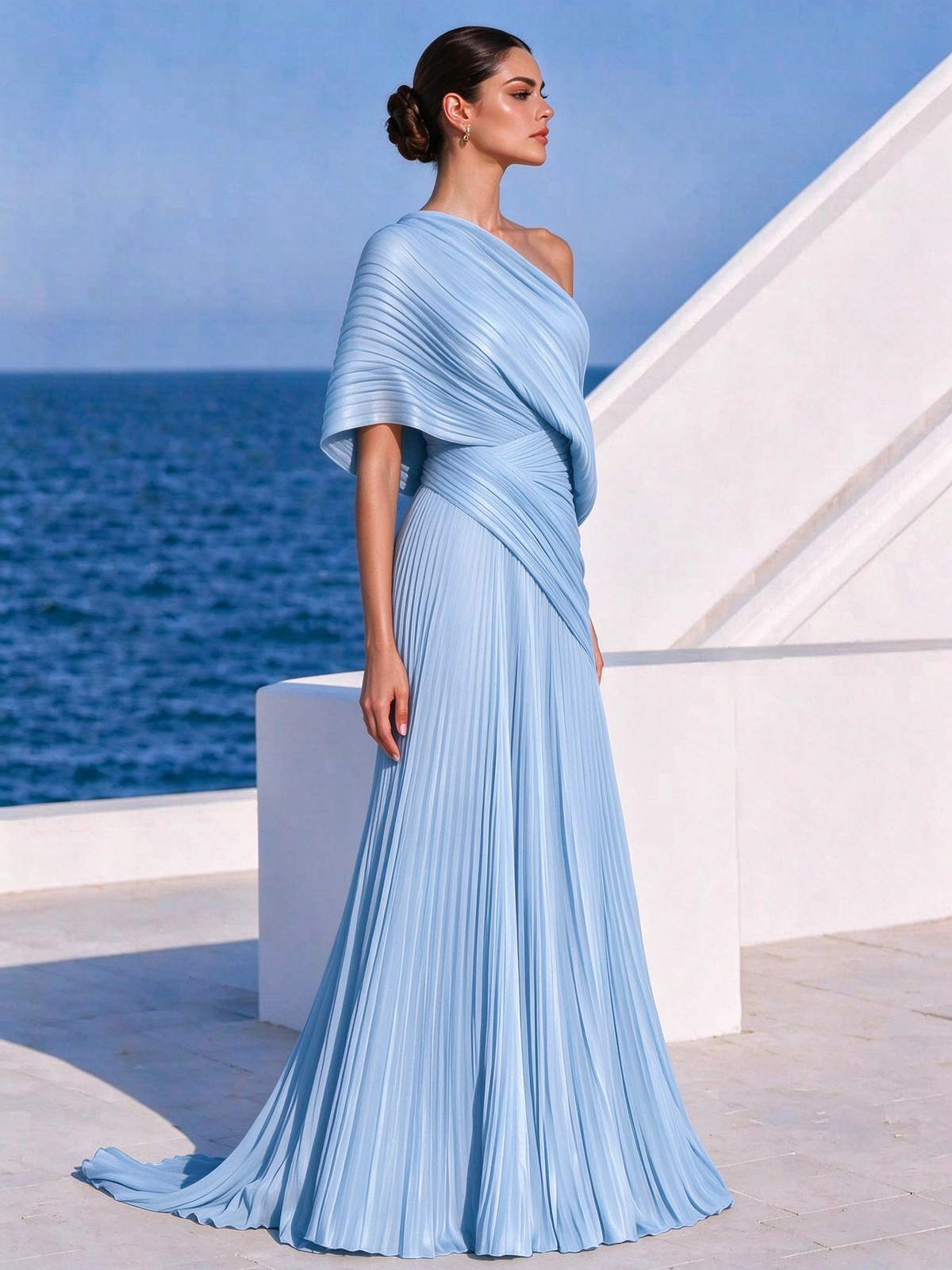 Vestido largo plisado naranja vibrante de un solo hombro – vestido de estilo griego