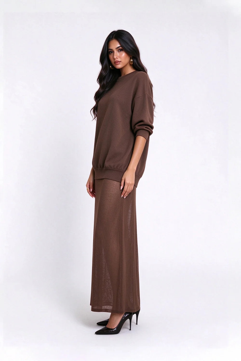 Knit Crew Neck Drop Shoulder Sheer Skirt Maxi Dress