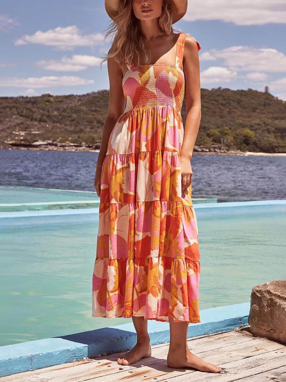 Vestido camisero sin mangas Sea Charm con pliegues, tejido elástico en el pecho y estampado