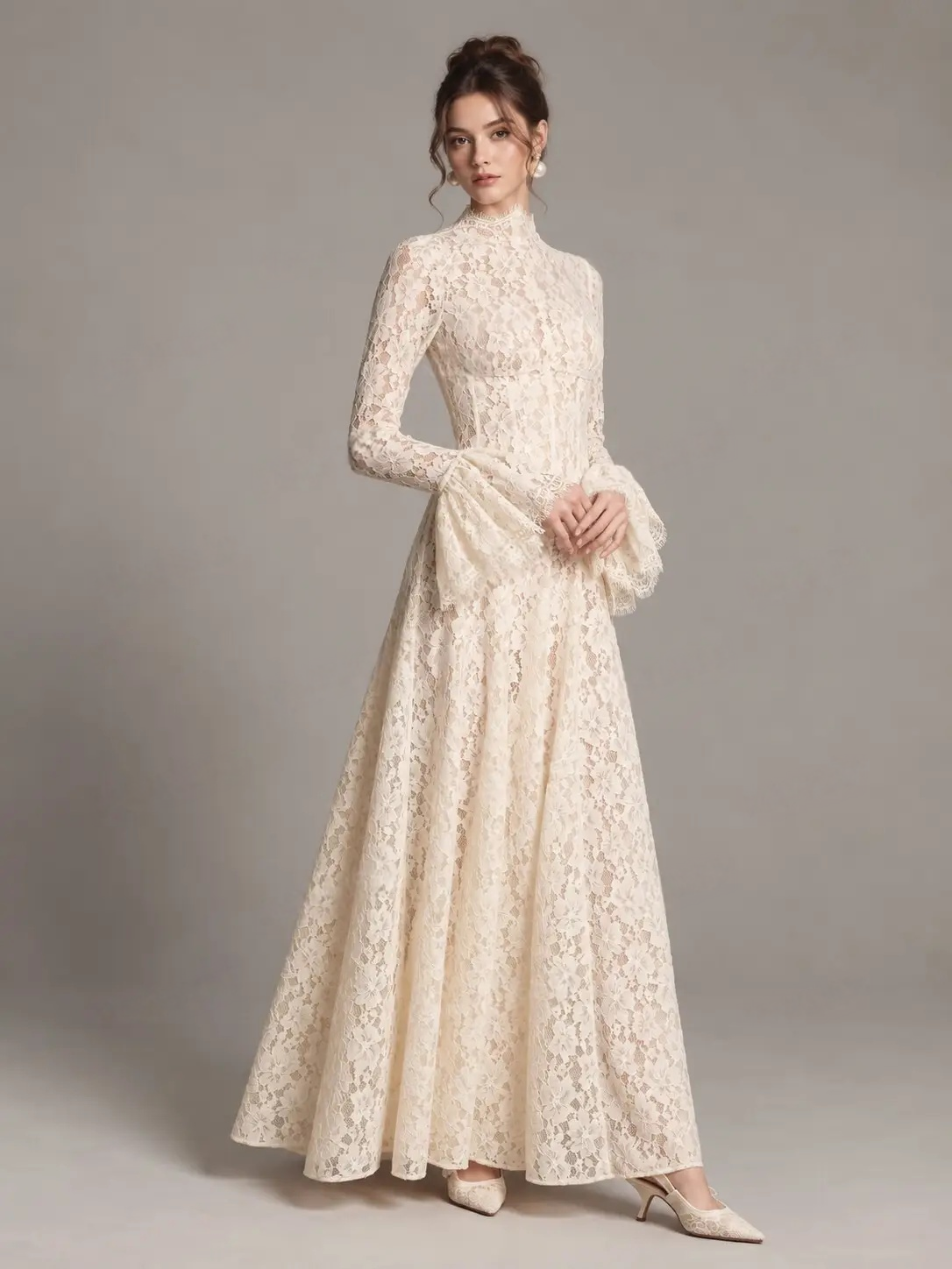 High Collar Bell Sleeve Lace Maxi Dress