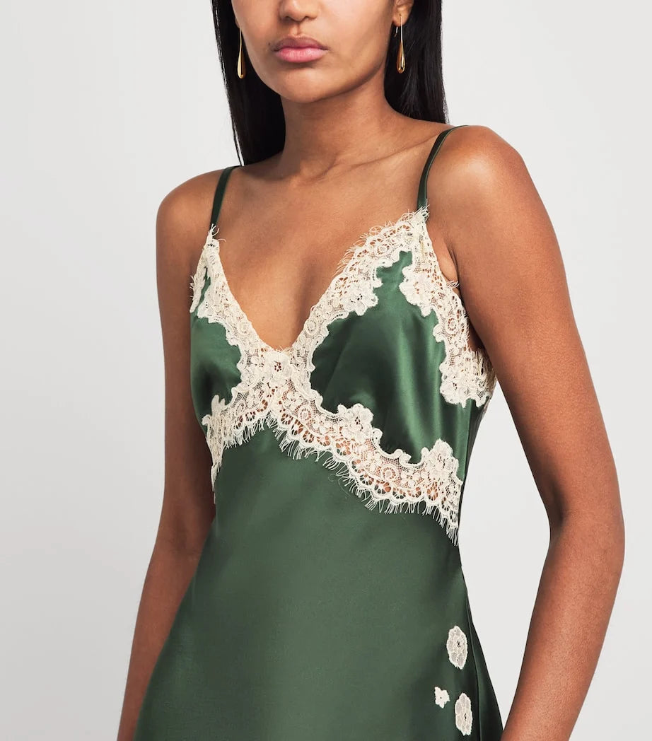 Lace Trim V-Neck Satin Slip Maxi Dress in Dark Green