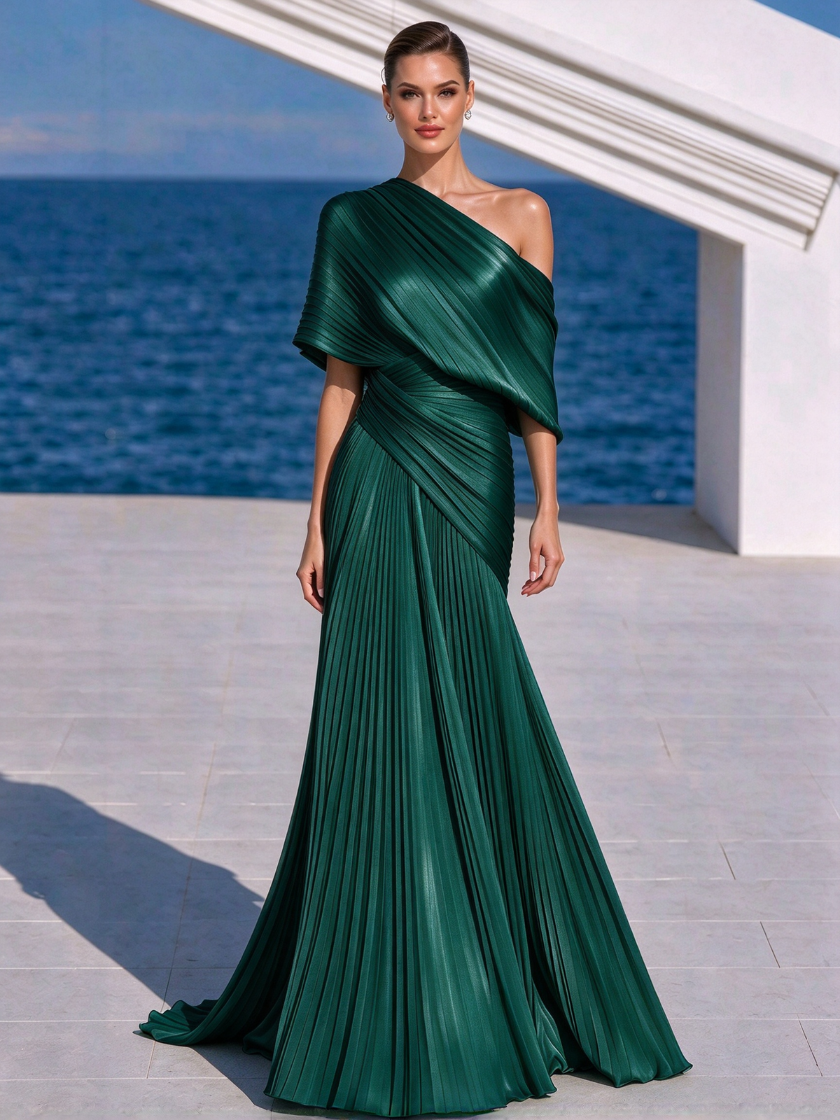 Vestido largo plisado naranja vibrante de un solo hombro – vestido de estilo griego