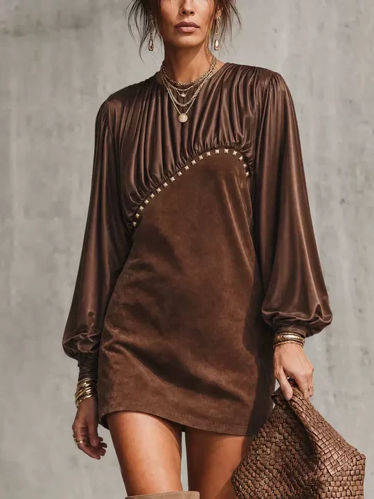 Brown Spliced Studded Balloon Long Sleeve Loose Shift Mini Dress