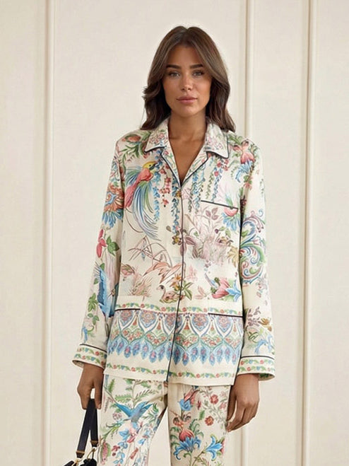Elegant Color-blocked Paisley Print Two-piece Loungewear Set