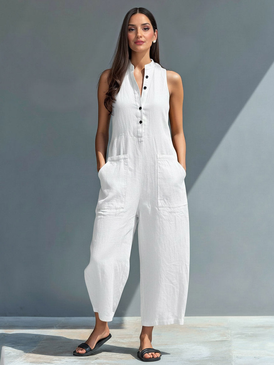 Lässiger ärmelloser Jumpsuit mit Knopfleiste vorn und lockerem Schnitt