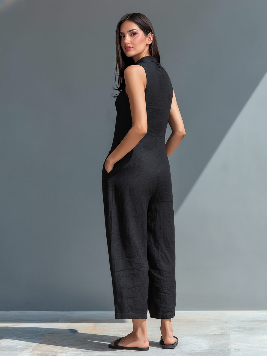 Lässiger ärmelloser Jumpsuit mit Knopfleiste vorn und lockerem Schnitt