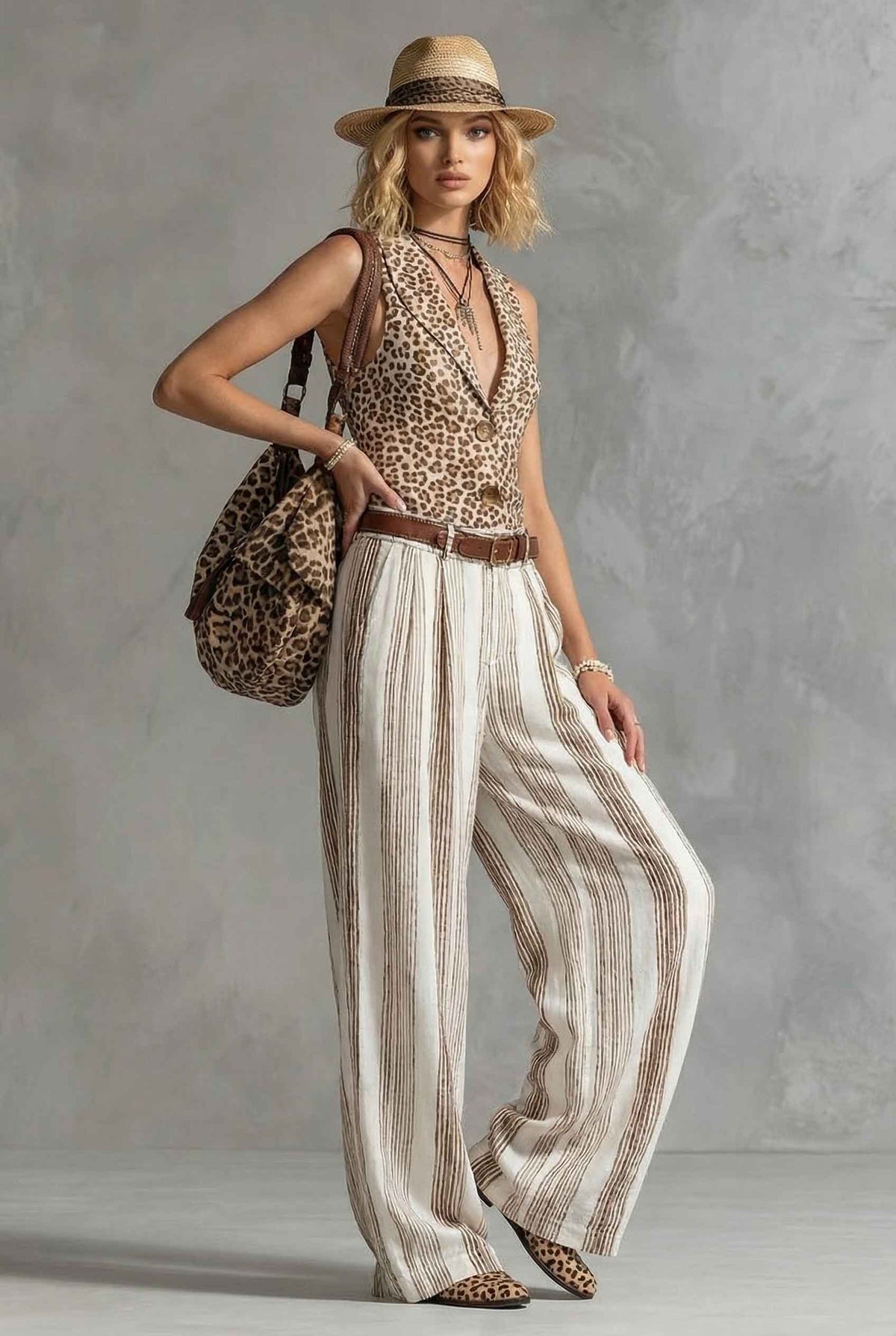 Set con gilet leopardato e pantaloni a gamba larga a righe