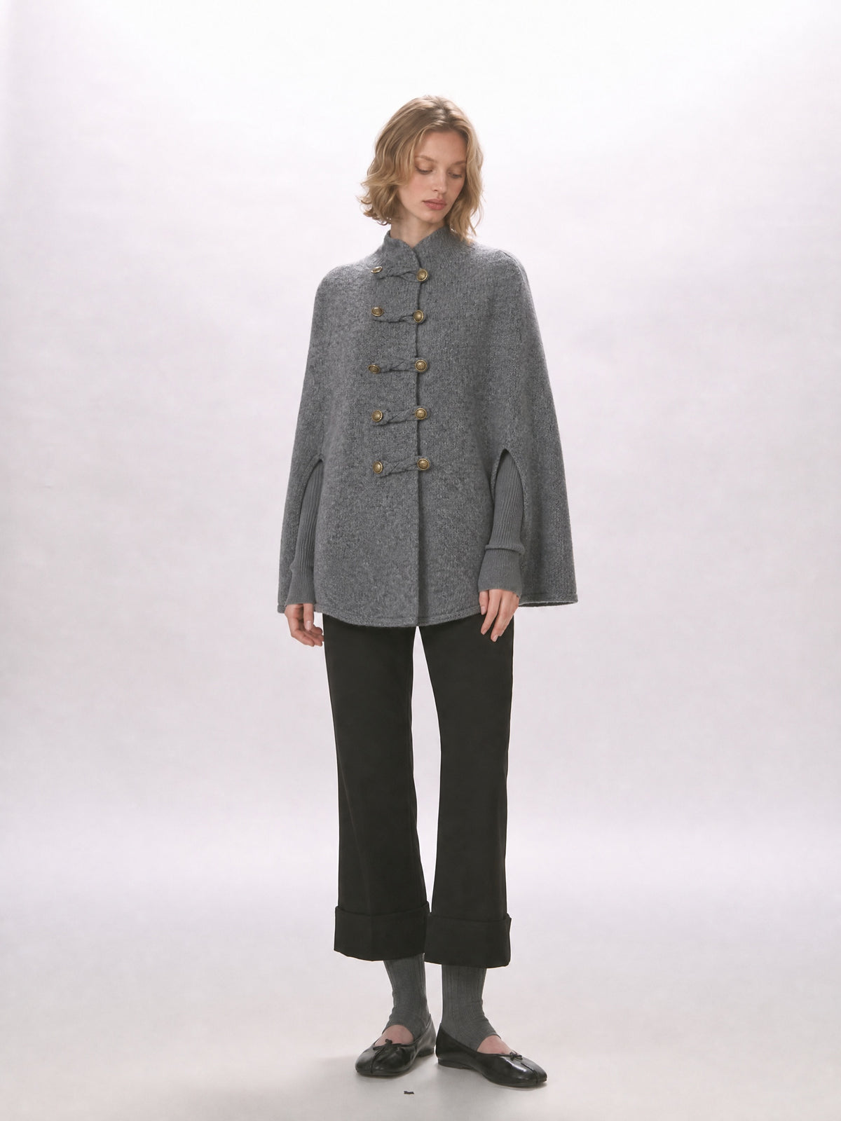 LikeMyChoice Quiet Luxury Knit Cape Sweater Women Stand Collar Frog Button Poncho Cardigan Fall Winter Elegant Knit Cloak Coat